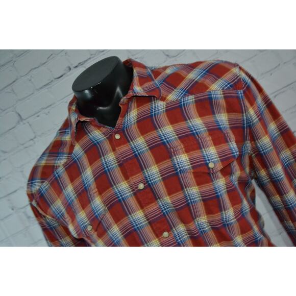 Lucky Brand Jeans Western Shirt Mens Size 2XL Pearl Button Snaps Orange Blue - Picture 1 of 8